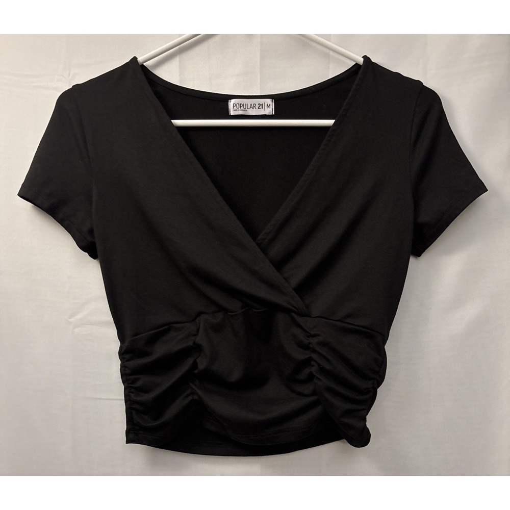 Black‎ Sexy Crop Top Women V Neck Plunge Ruched Short Sleeve M Popular 21